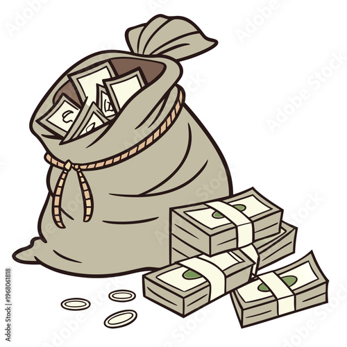 A detailed illustration depicts a bulging sack of money alongside several stacks and loose bills of currency high quality professional