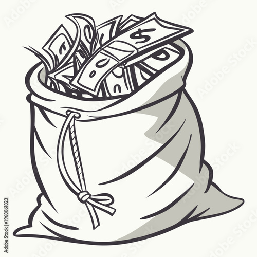 A simple monochrome illustration depicts a full bag overflowing with stacks of us dollar bills suggesting wealth and financial abundance