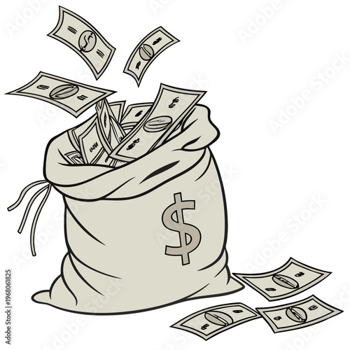 A grayscale illustration depicts a bag overflowing with money showcasing coins and bills in a dynamic falling arrangement high quality