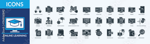 Online Learning icon set vector illustration. Containing icon of webinar, ebook, web and more. Glyph solid icon symbol collection
