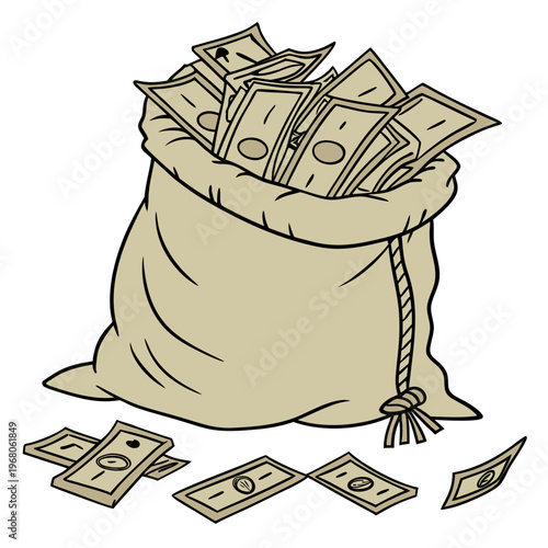 A detailed illustration depicts a tan burlap sack overflowing with stacks of money and several bills scattered nearby high quality