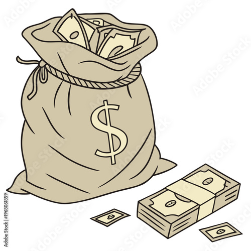A drawing depicts a tan bag overflowing with money including dollar signs and stacks of cash suggesting wealth or financial gain
