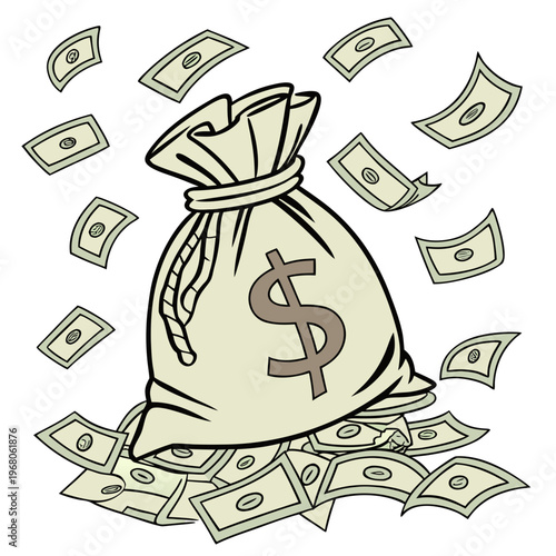 An illustrative depiction showcases a bulging bag of money with scattered dollar signs and coins symbolizing wealth and financial gain