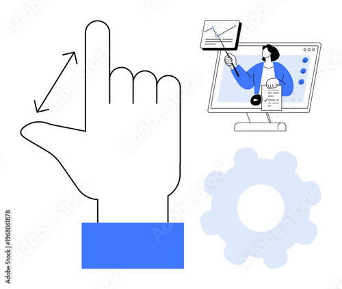 Gesture control concept. Gesture hand icon with online learning elements demonstrating modern technology. Gesture input and digital interaction for education, tech apps, communication. Usage