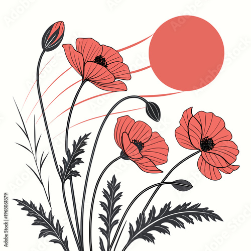 A minimalist illustration features vibrant red poppies slender stems and a large circular sun against a neutral background high quality