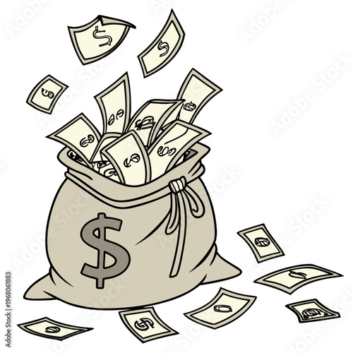 A detailed illustration depicts a overflowing bag of money with dollar bills scattered around symbolizing wealth and financial abundance