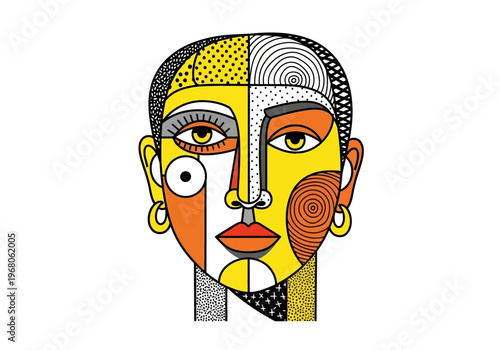 Abstract Cubist Face Illustration with Geometric Shapes and Ethnic Patterns - Modern Art Portrait