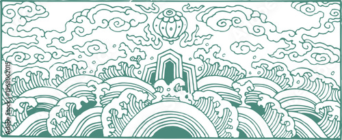 Intricate green line art illustration of traditional chinese landscape with mountains waves clouds and sun in a rectangular frame for classic oriental stationery decoration