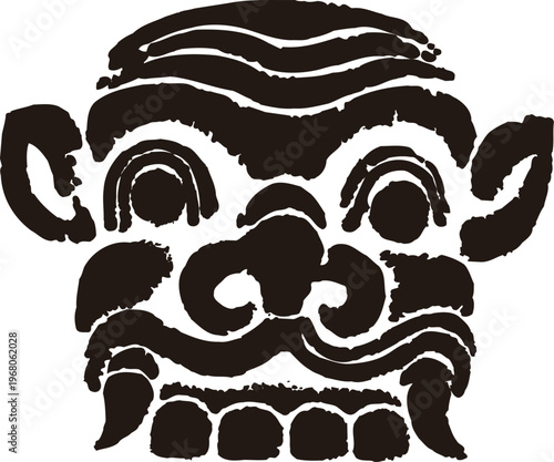 Bold black ink tribal mask or guardian face illustration with textured brush strokes representing ancient folklore character or mythical deity for ethnic branding design
