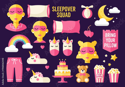 Sleepover Squad and Slumber Party Vector Illustration Set with Pajamas, Unicorn Slippers, Snacks, and Sleep Masks