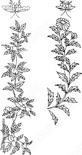 Minimalist black line drawing of vertical botanical flower vines with small butterflies at the top for elegant floral border design and hand drawn nature decoration