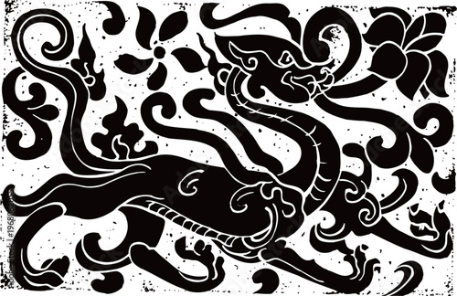 Ornate black and white mythological creature or dragon illustration with floral motifs and swirling vine patterns in a vintage woodcut style for historical book decoration