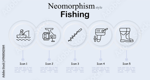Fishing set icon. Fisherman catching fish from boat, spinning fishing reel rod, spiral ice auger drill, electric fishing drill tool, rubber fishing boots. Neomorphic circular buttons