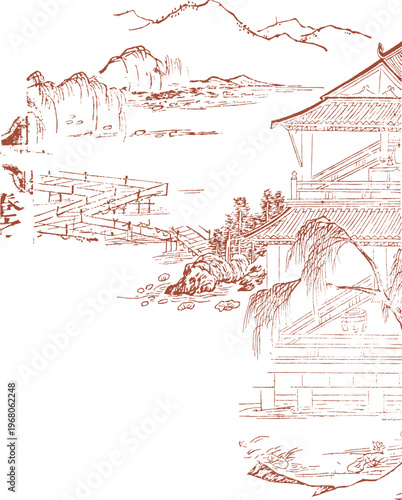 Symmetrical traditional oriental floral pattern in a vertical layout with scrolling vines and blooming flowers for elegant textile prints and cultural stationery decoration