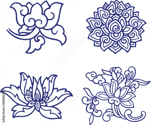 Highly detailed traditional Chinese landscape illustration with mountains waves and clouds in a rectangular frame for classic oriental wallpaper and artistic heritage design