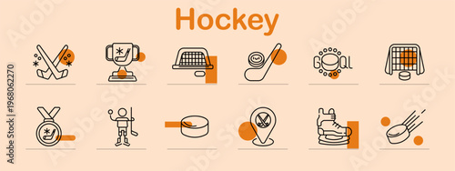 Hockey sport set icon. Sticks trophy goal puck helmet net medal player location skates fast shot winter game equipment ice activity symbol.