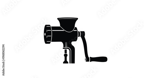 A black silhouette illustration depicts a vintage manual meat grinder with a hand crank high quality