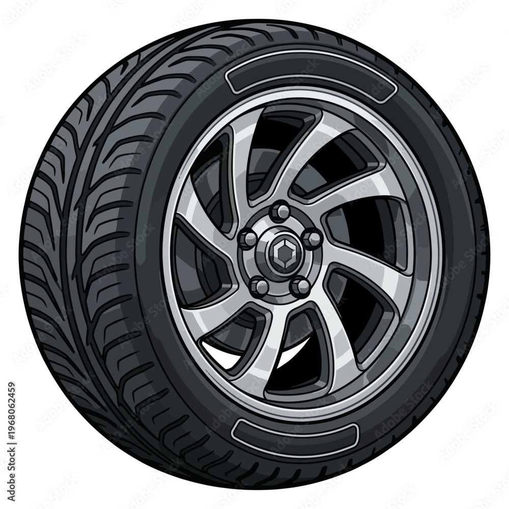 Obraz premium A detailed illustration of a sleek car tire showcasing its complex tread pattern, ideal for automotive businesses or advertising tire products for vehicles.