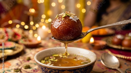 Sweet syrupy dessert being scooped from a bowl, illuminated by warm festive lights.