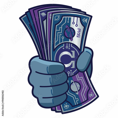 A stylized hand gripping digital currency notes, showcasing a blend of finance and technology, representing the evolution of money and economic interactions in the modern era.