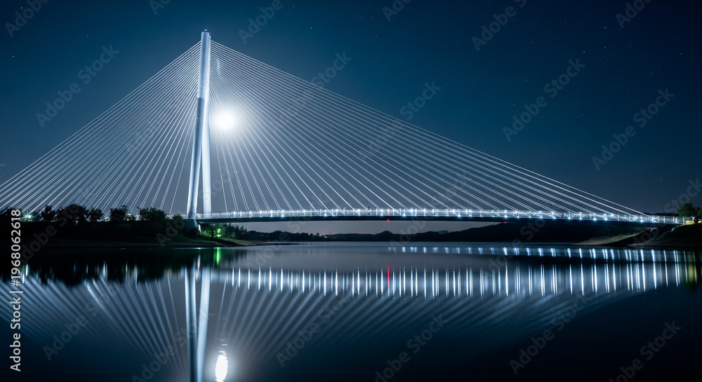Obraz premium Illuminated cable-stayed bridge reflects beautifully on calm water at night
