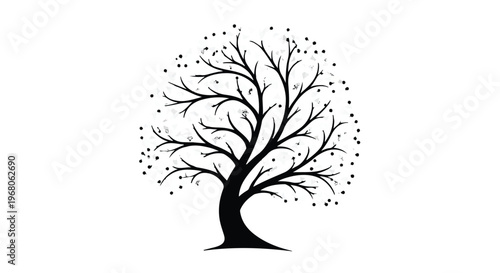 Black silhouette of a mature tree with intricate branches and a canopy dotted with small circular elements.