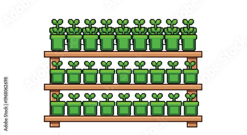 A vector illustration featuring three wooden shelves holding rows of green plants in matching pots, neatly arranged against a white background.
