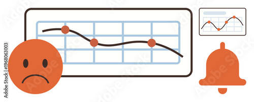 Financial analysis, performance monitoring, economic crisis, stock market trends, investment risk, data alerts. Sad face and bell symbol near a declining graph. Financial analysis and performance
