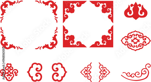 Collection of traditional Chinese red decorative corner elements and symmetrical patterns with cloud and swirl motifs vector design isolated on white background for festive decor and invitation cards.