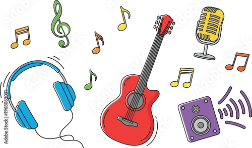 Music themed icons guitar, headphones, microphone