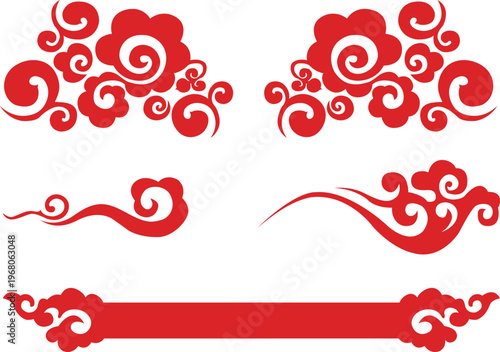 Set of traditional Chinese red decorative elements and borders with cloud and swirl pattern motifs, symmetrical floral compositions isolated on white background for festive graphic design.