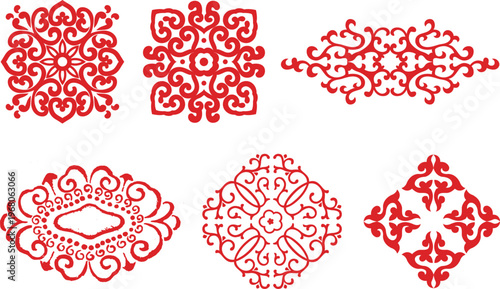 Collection of elaborate red traditional Chinese patterns and ornamental symmetry motifs in square, diamond, and oval shapes vector illustrations isolated on white background for decorative art.