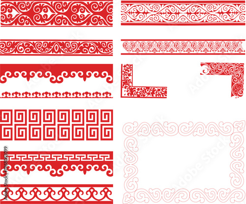 Set of traditional Chinese red borders and corner elements with geometric, Greek key, swirl, and cloud pattern motifs vector illustration isolated on white background for decorative design.