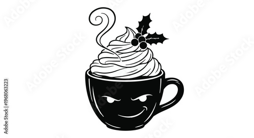 A black illustration of a coffee cup filled with whipped cream and holly berries, featuring an anthropomorphic, mischievous face.