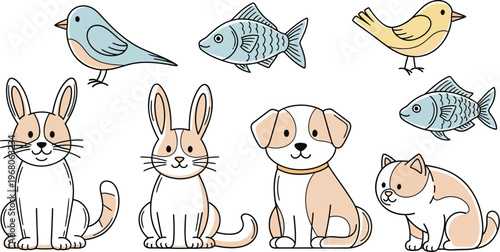 Cute Cartoon Animals Set Vector Illustration