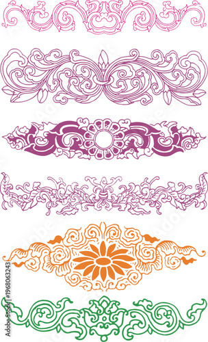 Large collection of red traditional Chinese decorative borders and geometric patterns including Greek key and scroll motifs isolated on white background for festive graphic design elements.