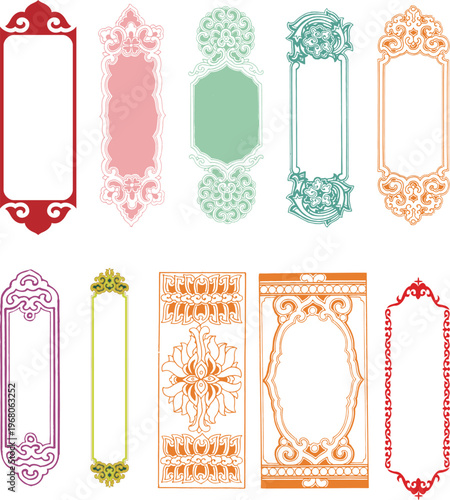 Collection of elegant red Chinese floral patterns and symmetrical ornamental motifs with graceful curves and vine details isolated on white background for decorative arts and branding.