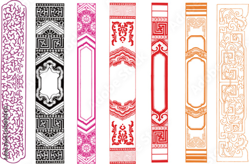 Collection of various red traditional Chinese decorative frame corners and border dividers with geometric swirl and cloud pattern motifs isolated on white background for certificate and card design.