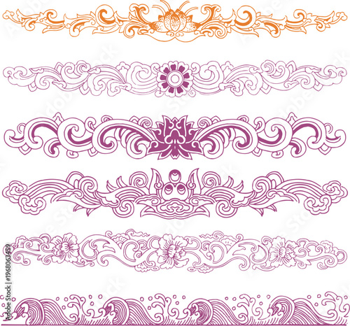 Set of red traditional Chinese symmetrical ornamental motifs including diamond shapes and circular cloud patterns with curly details isolated on white background for festive graphic design.