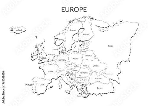 Political white map of Europe2. European countries borders in a flat style isolated on white background. Vector template.