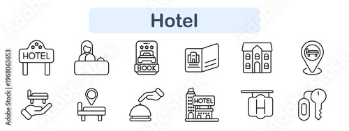 Hotel set icon. Signboard, reception, booking, brochure, building, location, service bell, room, key, hospitality, accommodation, travel, tourism, reservation, guest service.