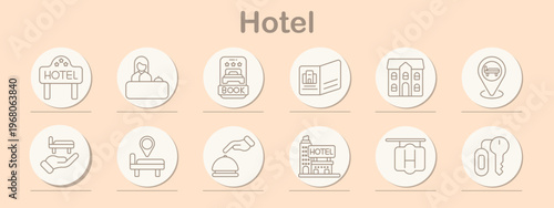 Hotel set icon. Line symbols depict hotel signboard, reception desk, booking bed, brochure, building facade, location pin, bell service, map pointer, food tray, hotel exterior
