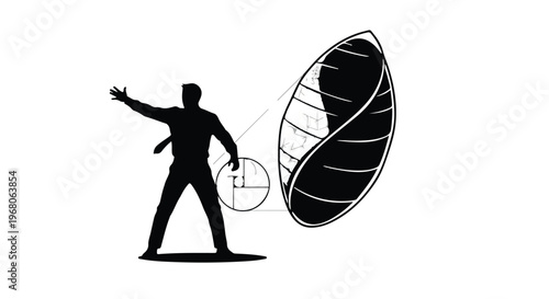 A silhouette of a man in a suit gesturing towards a stylized leaf shape.