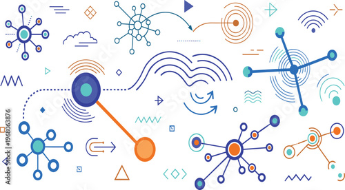 Abstract Technology Network Elements Set with Connection Nodes, Data Flow, Wireless Signals, and Digital Communication Shapes for Modern Tech Illustration Design Projects.
