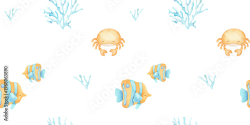 Canvas Print Reef fish, corals and crabs watercolor hand drawn kids seamless pattern