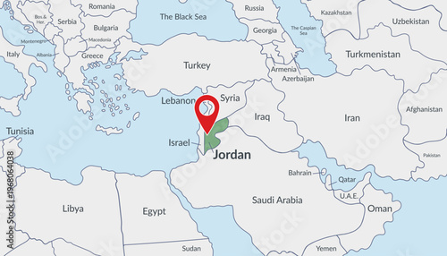 Jordan location on the map with pin location marker4. Vector flat template.