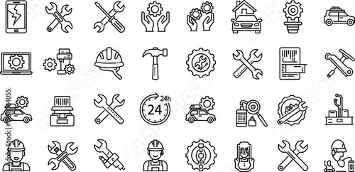 Comprehensive Collection of Repair and Maintenance Line Icons Featuring Tools Mechanics Gears Car Service Construction Equipment and Technical Support Symbols for I