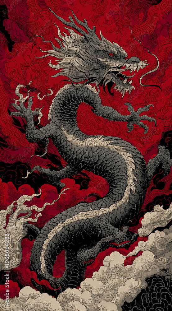 Fototapeta premium Red background dragon pattern, texture