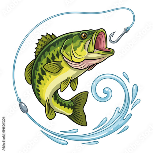 A vibrant bass fish jumps out of the water, caught by a fishing hook, showcasing the thrill of fishing and nature's beauty in a dynamic, colorful scene.