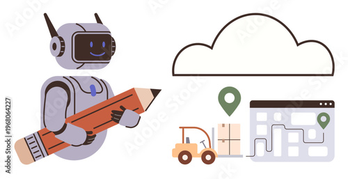 Automation, logistics, technology, cloud computing, data management, innovation. Robot holding a pencil near a map and cloud icon. Automation and logistics concept